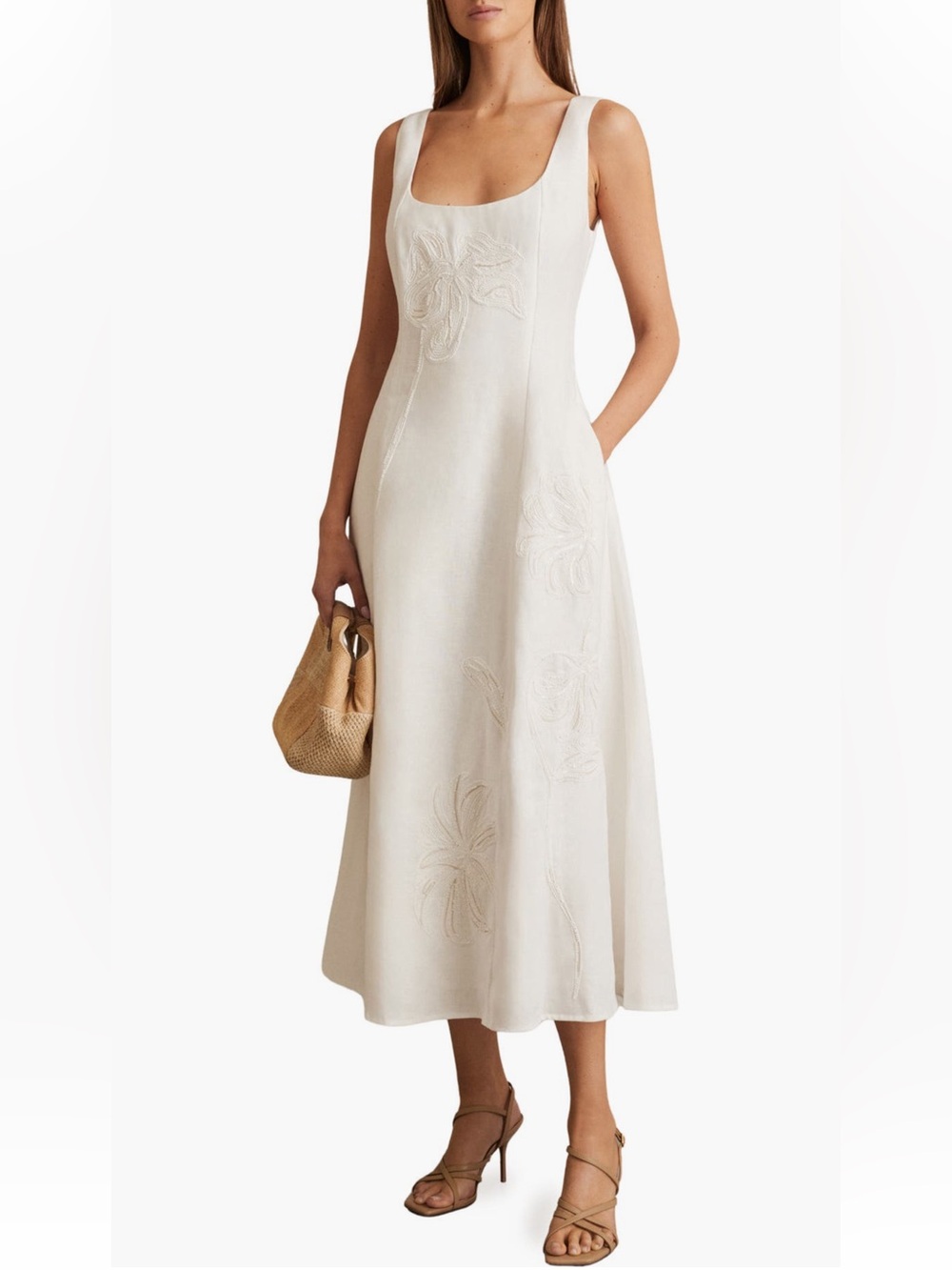 Reiss Elise Linen A Line midi maxi Dress ivory white 100% linen size 8 NWT